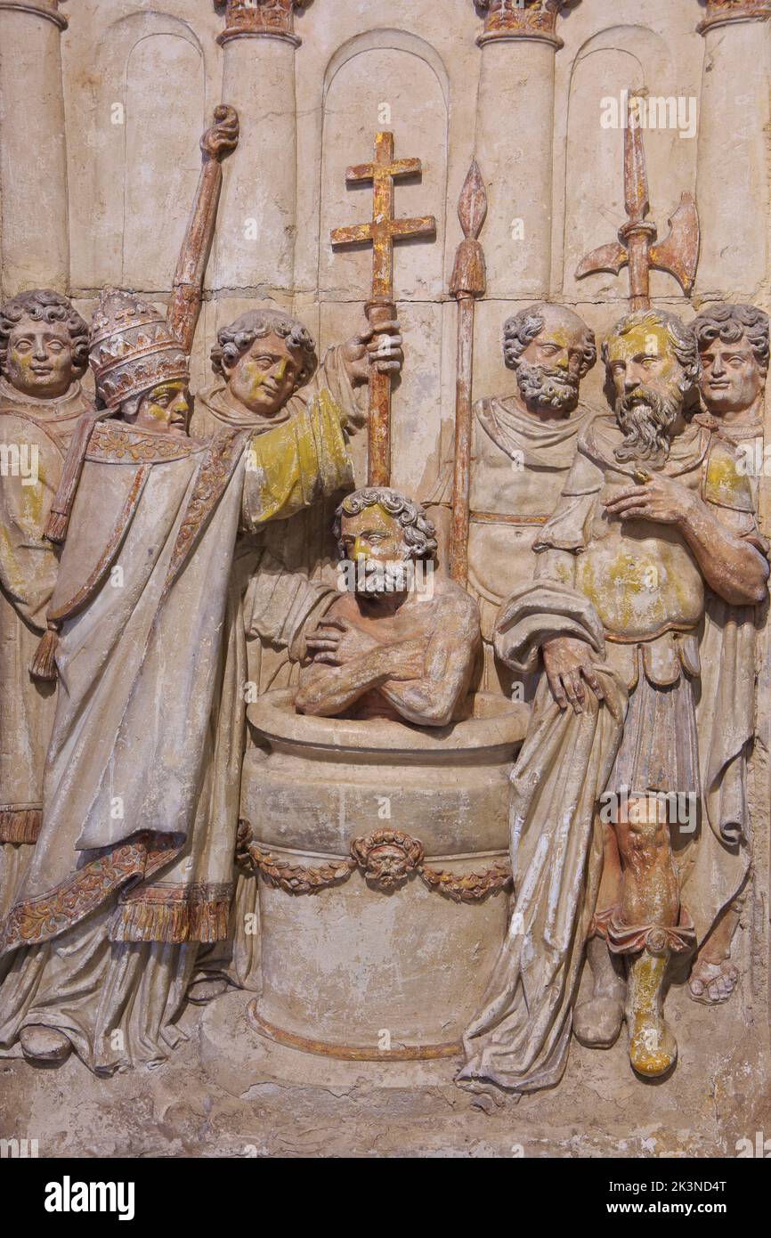 The baptism of Roman emperor Constantine by Pope Sylvester I (by Nicolas Jacques, 1610) at the Basilica of Saint-Remi in Reims (Marne), France Stock Photo