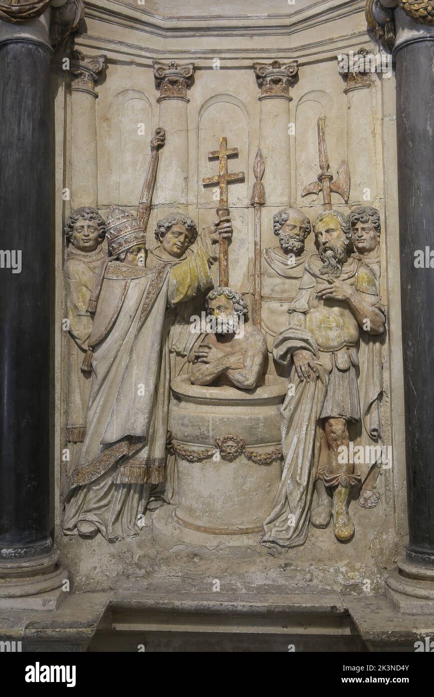 The baptism of Roman emperor Constantine by Pope Sylvester I (by Nicolas Jacques, 1610) at the Basilica of Saint-Remi in Reims (Marne), France Stock Photo