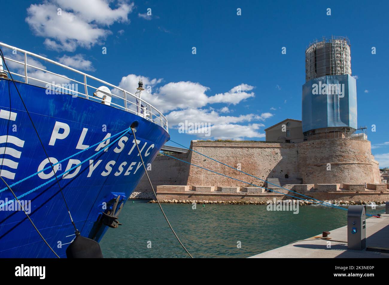 The boat Plastic Odyssey, moored in the basin of the Mucem in Marseille. Plastic Odyssey is launching a mission to explore the areas most affected by plastic pollution to gather, develop and disseminate solutions. The departure of the ship for a three-year mission with 30 countries visited is scheduled for October 01, 2022. Stock Photo