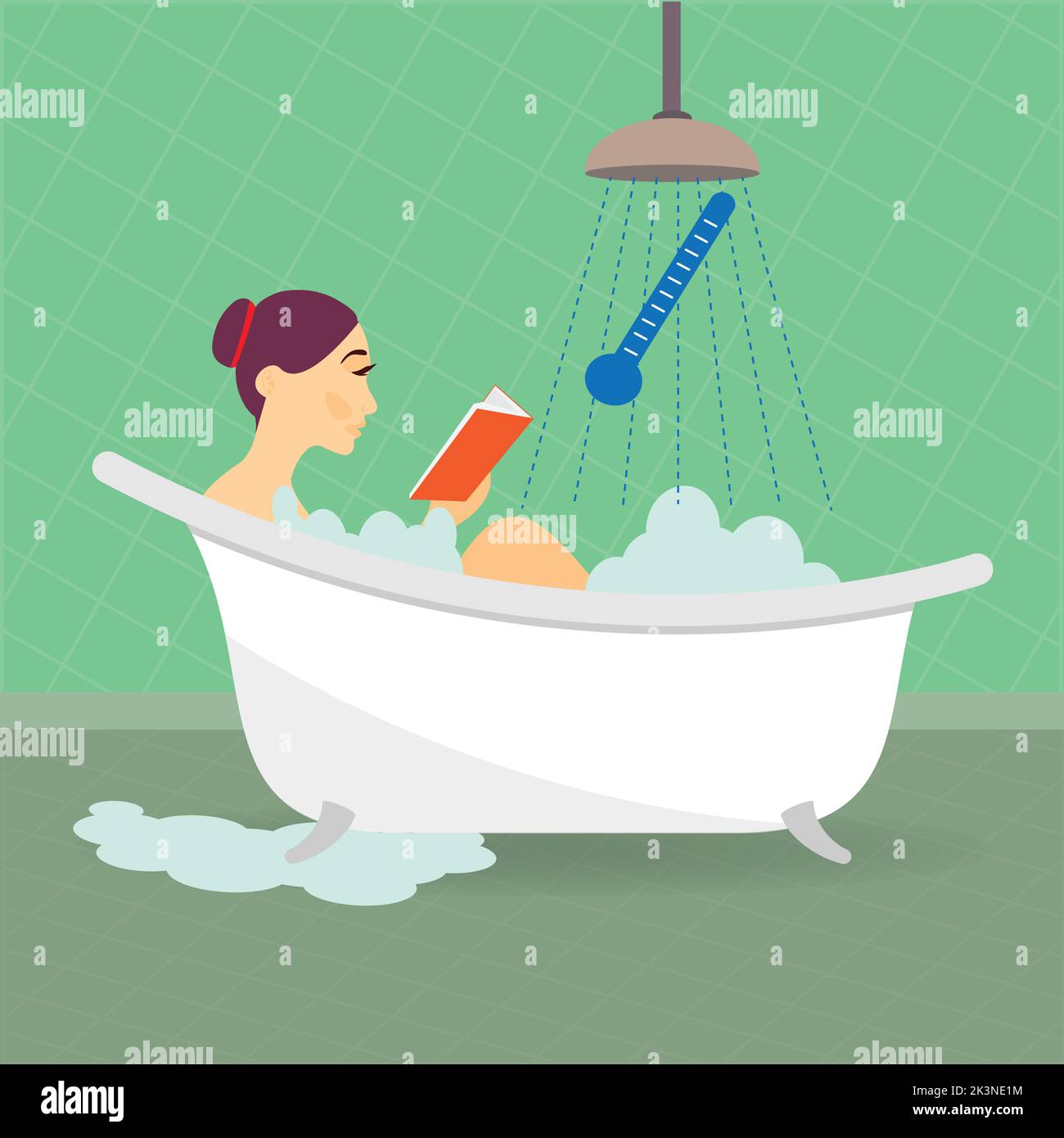 Woman in bath tub with shower and thermometer, shower temperature