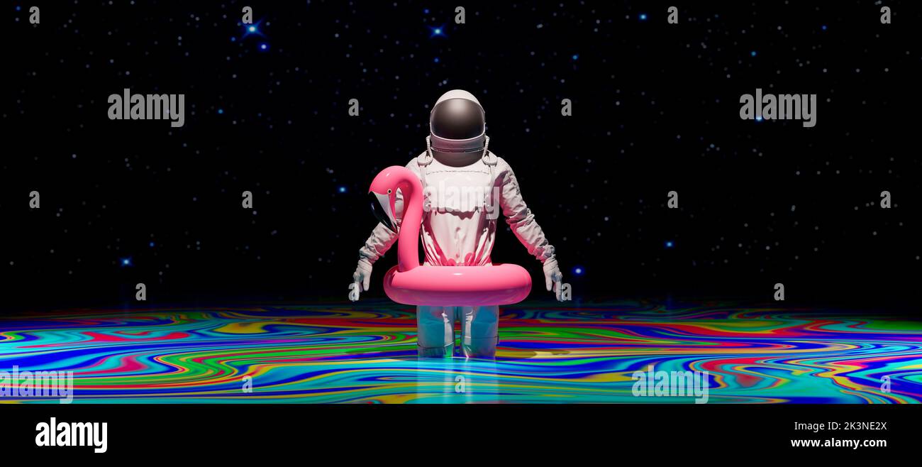 Astronaut with inflatable flamingo walks on colorful cosmic water and prepares to swim on foreign planet 3d render 3d illustration Stock Photo
