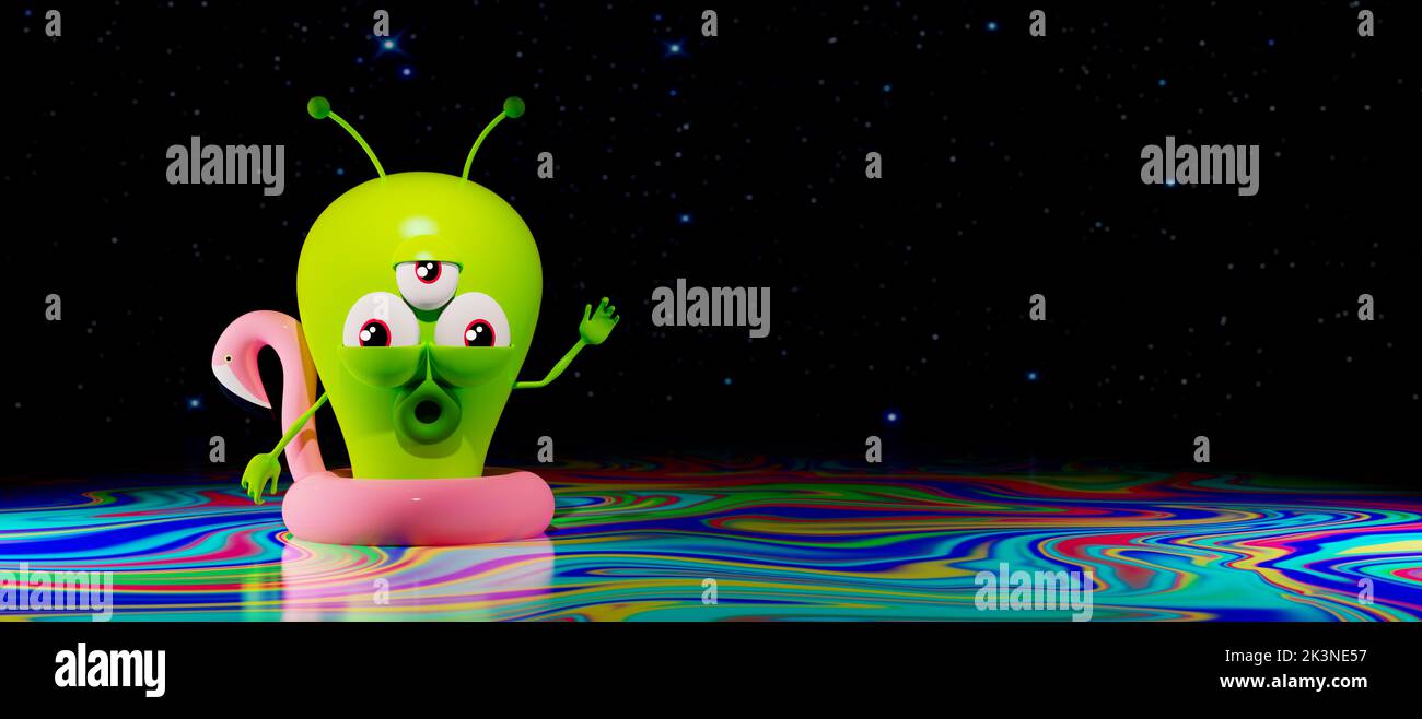 Alien with inflatable flamingo swim in colorful cosmic water 3d render 3d illustration Stock Photo
