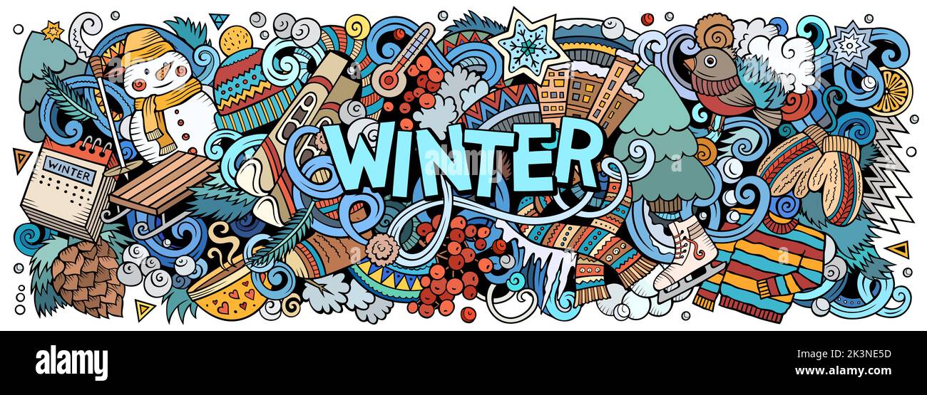 Winter cartoon doodle banner. Funny seasonal design Stock Vector Image