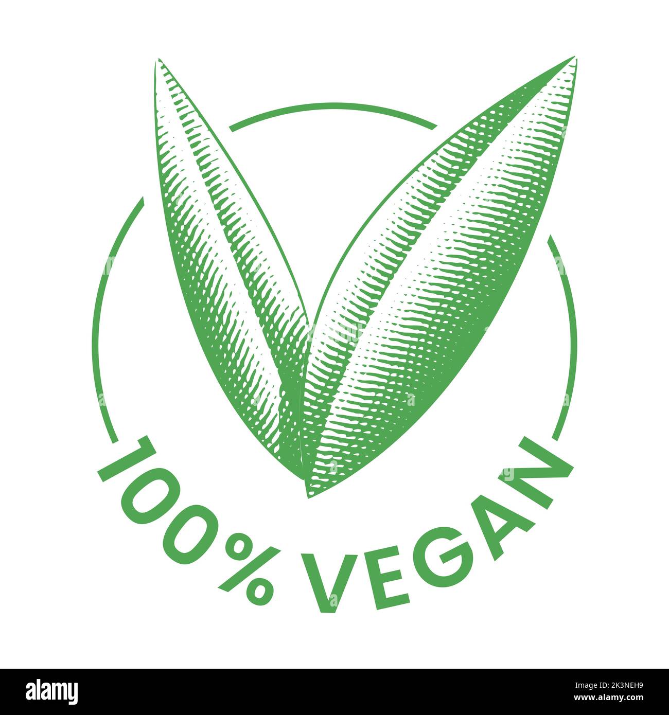 %100 Vegan Round Icon with Engraved Green Leaves isolated on a White ...