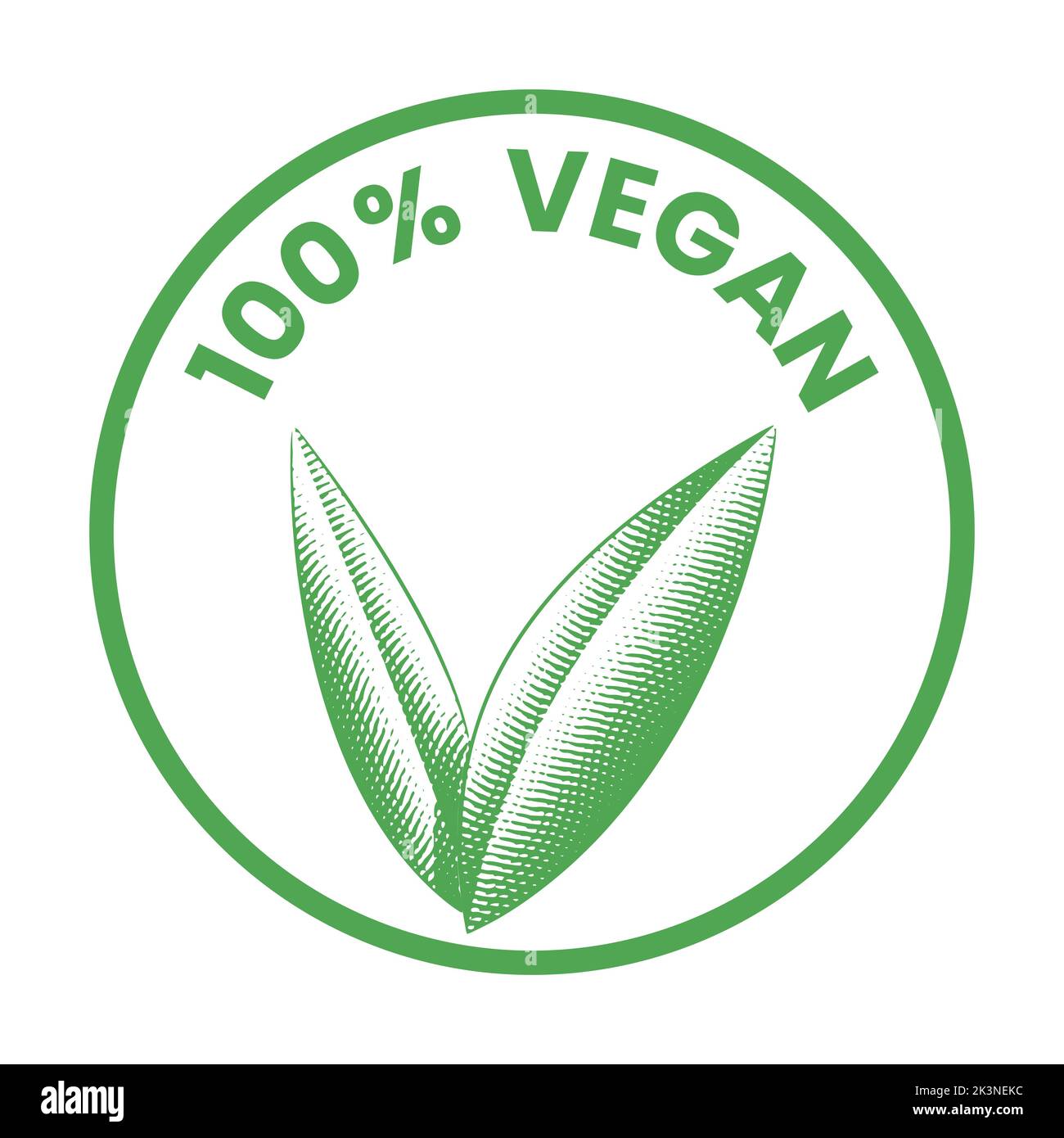 %100 Vegan Round Icon with Engraved Green Leaves isolated on a White ...