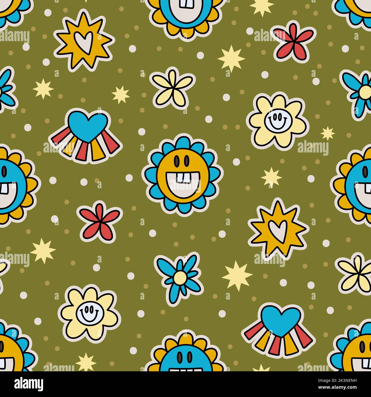 Cute cartoon groovy sticker flower vector seamless pattern. Hippie retro background illustration Stock Vector