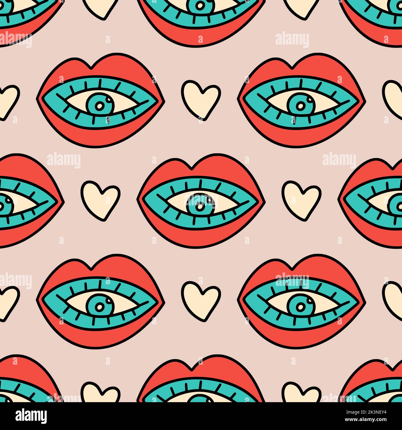 Cute cartoon groovy lips eye and hearts sticker vector seamless pattern. Hippie retro background illustration Stock Vector