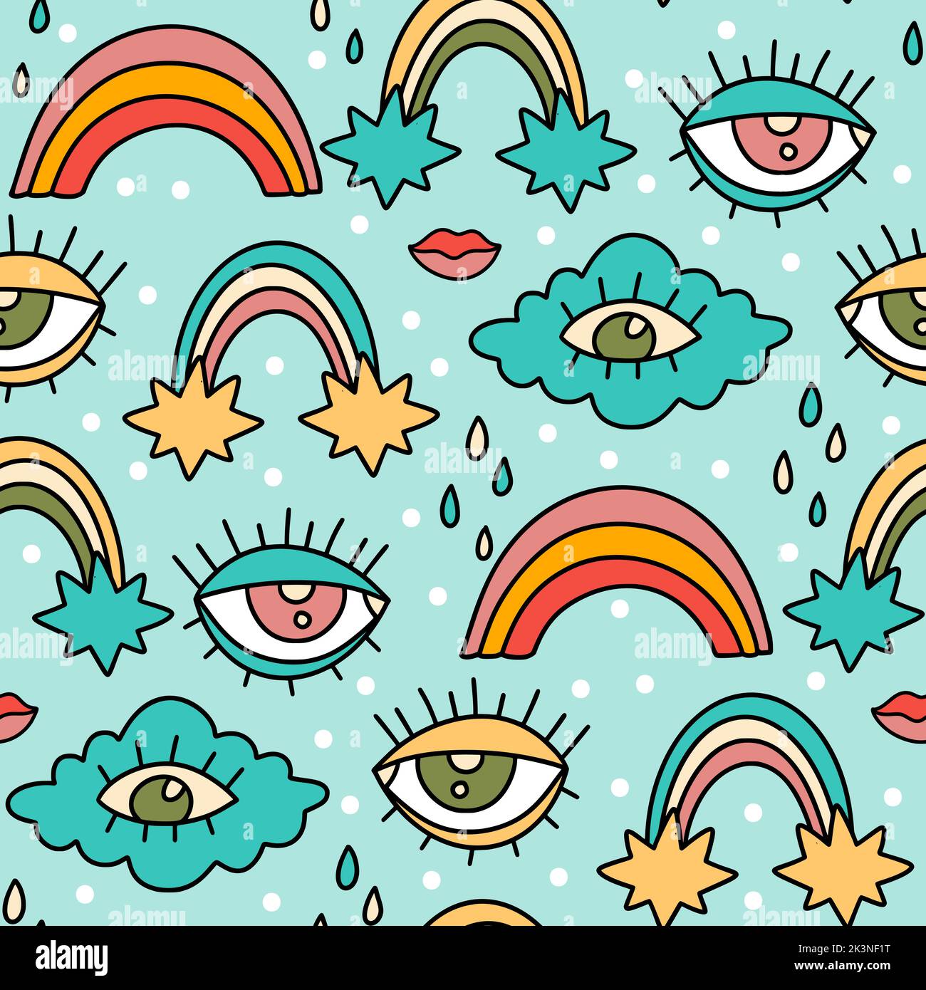 Cute cartoon groovy rainbow cloud sticker vector seamless pattern ...