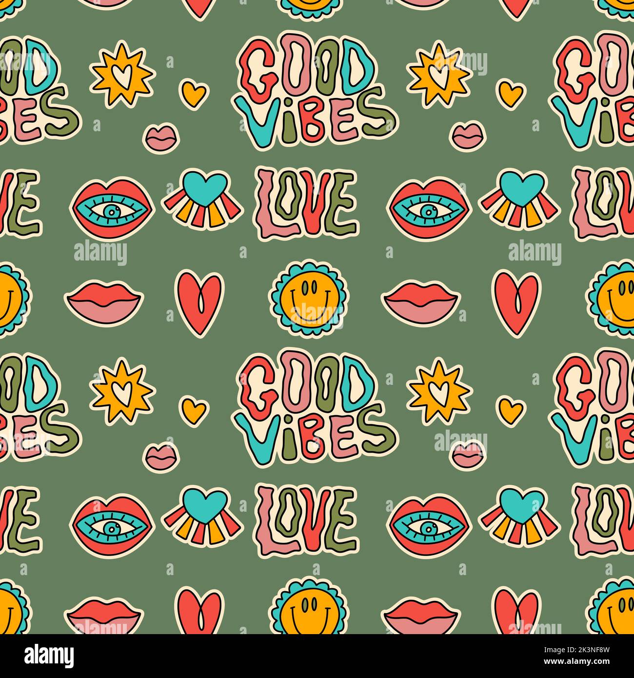 Cute cartoon groovy sticker good vibes vector seamless pattern. Hippie retro background illustration Stock Vector