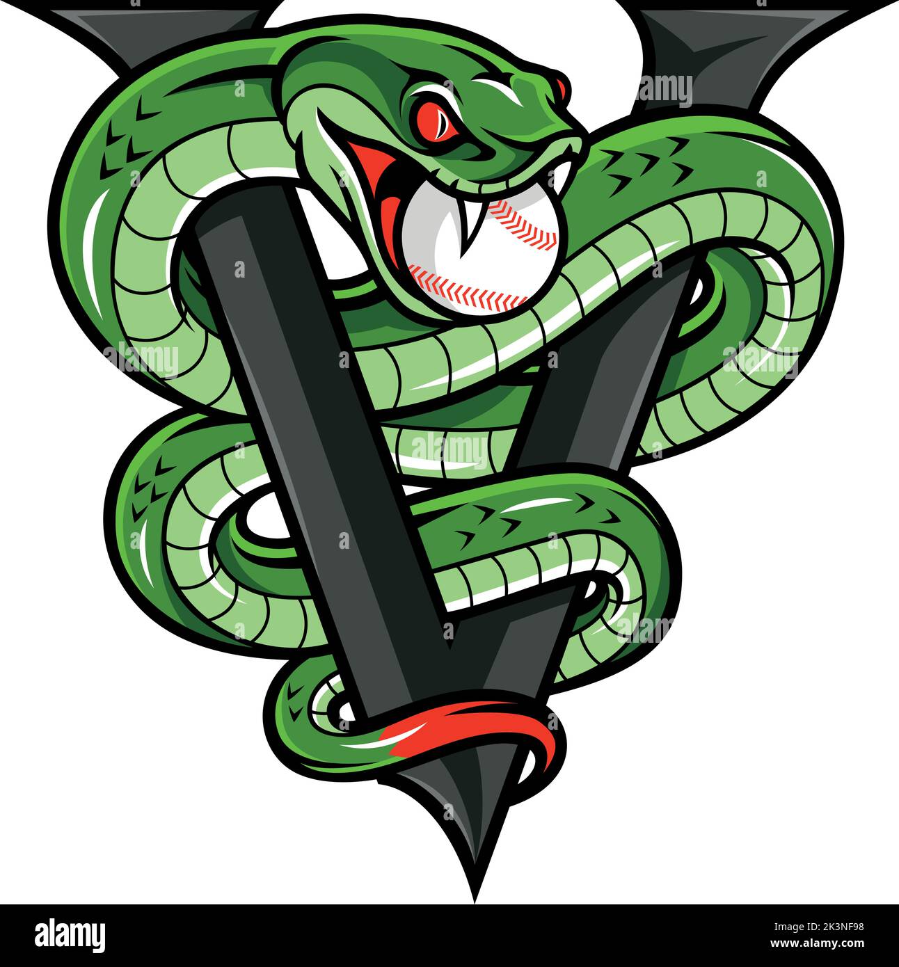 Aggressive Green Viper Wrapped Around Letter V with a Baseball ball into its Mouth Stock Vector