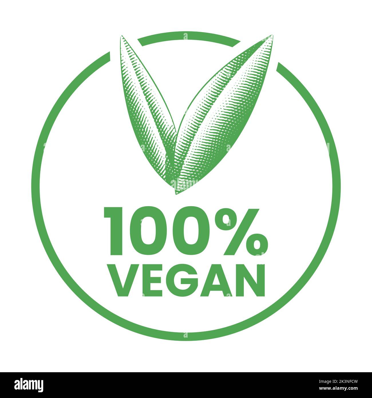 %100 Vegan Round Icon with Engraved Green Leaves isolated on a White ...