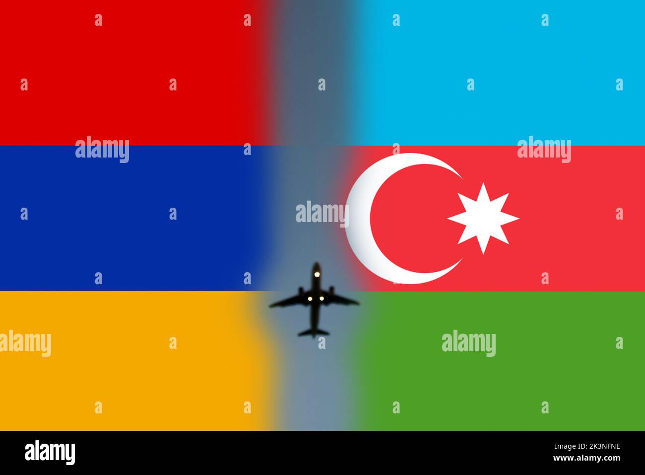 Defocus war. Conflict between Armenia and Azerbaijan over Nagorno-Karabakh. Let's stop the war. Azerbaijan and Armenia conflict. Country flags on air Stock Photo