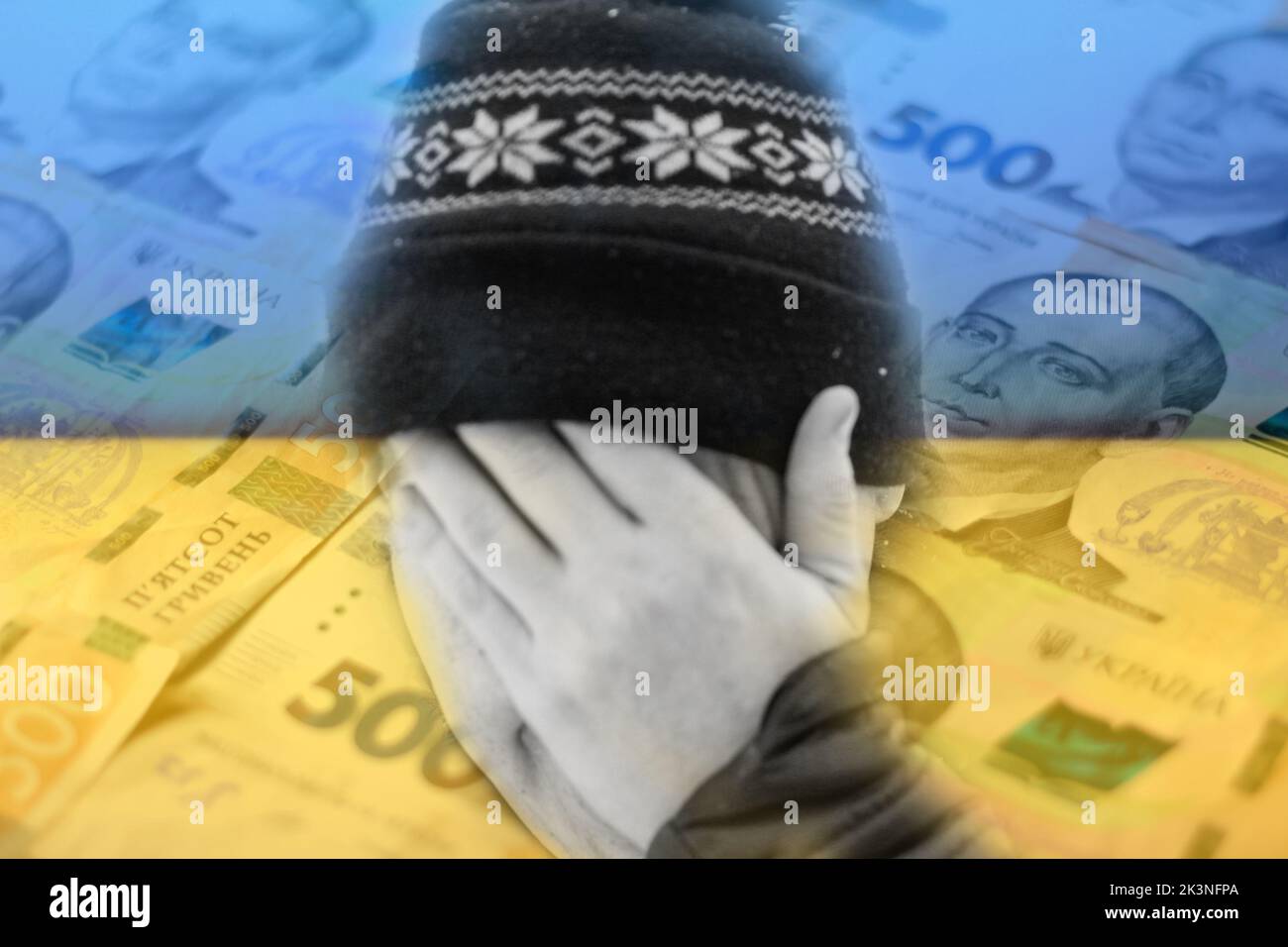 Defocus man hiding face. Flag Ukraine. Increase in the cost of gas bill. Soaring energy prices. Finance crisis. Economy gas. Energy crisis in Europe. Stock Photo