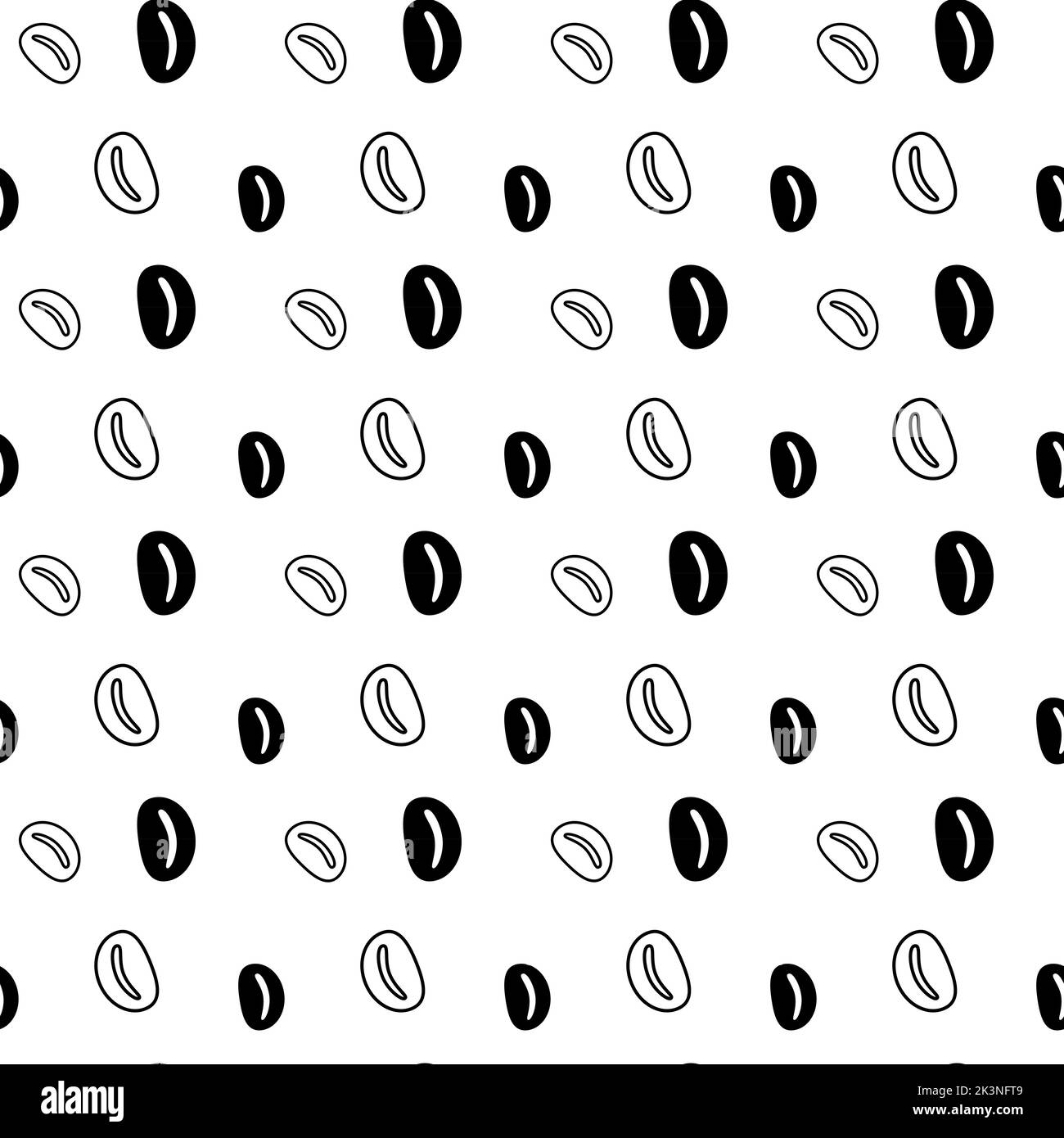 Black and White Seamless endless pattern with coffee beans. Repeat texture. Abstract background. Texture. Print design. Template for wrapping paper, poster, postcard, greeting card, price tag, banner Stock Vector