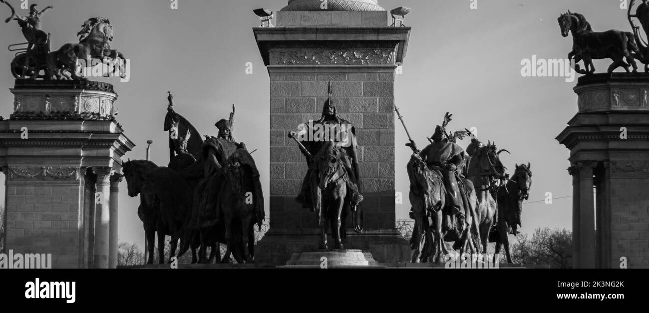 A grayscale panoramic view of statue of prince Arpad in Budapest Heroes' square Stock Photo