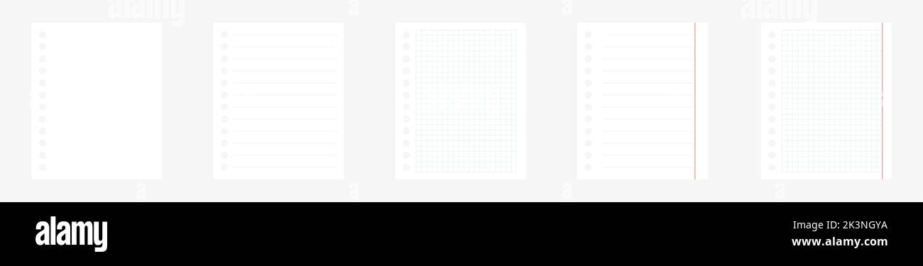 Realistic lined, squared and empty notepapers set. Paper blank sheets collection. Vector isolated on white. Stock Vector