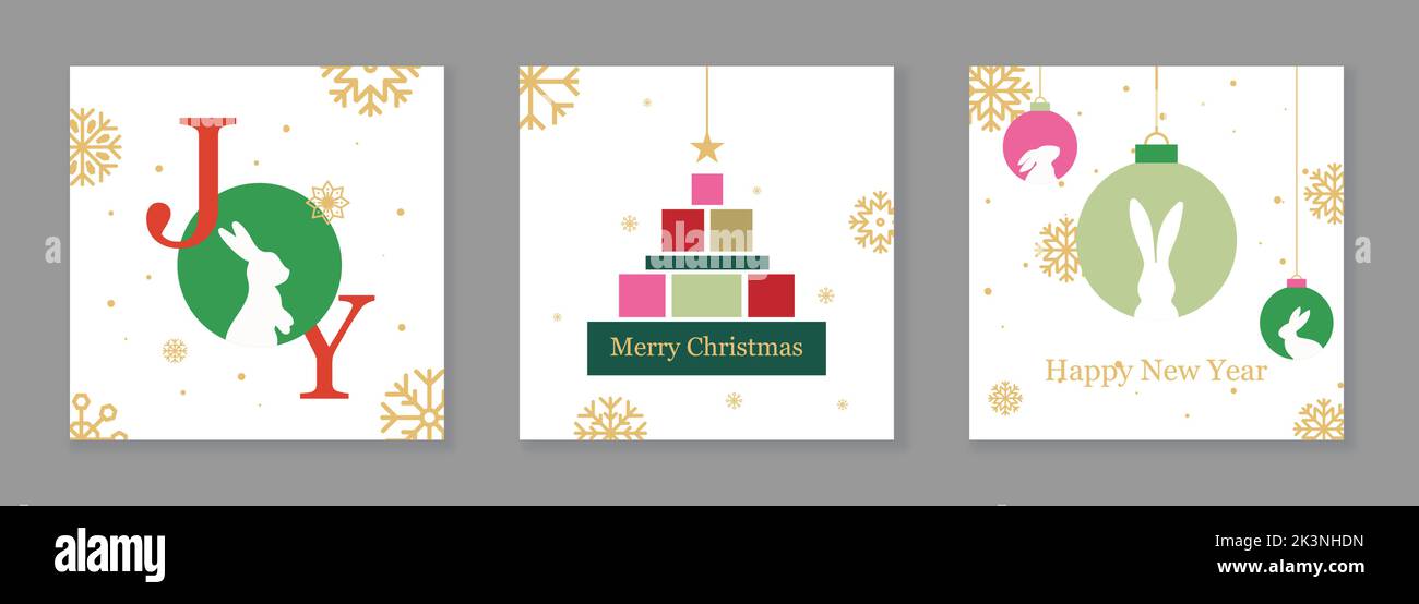 Happy New Year 2023 card set. Year of the rabbit. Holiday illustration