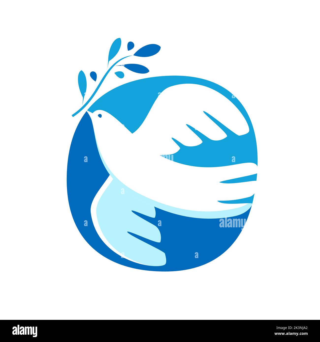 Dove with olive branch logo or emblem. Symbol of peace and freedom vector. Bird, pigeon holding plant twig icon Stock Vector