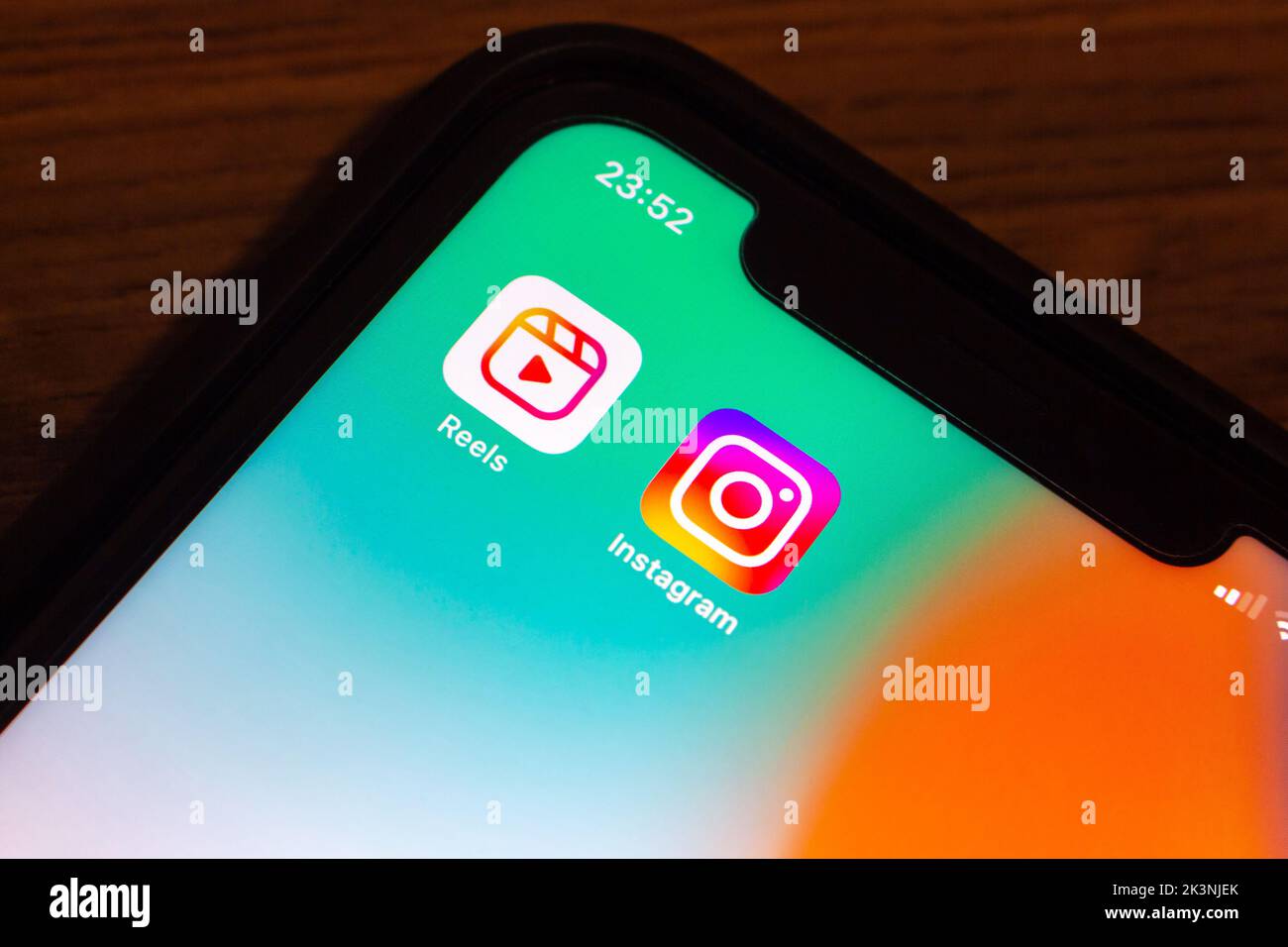 Vancouver, CANADA - Sep 27 2022 : Closeup icons Instagram Reels and Instagram app on an iPhone. Short video social networking concept. Stock Photo