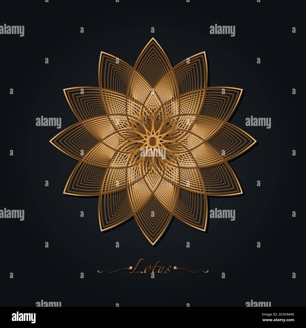 Golden Lotus flower, sacred geometry mandala, circular forging ornament, gold lines art floral logo. Flower blossom symbols of yoga, spa, beauty salon Stock Vector