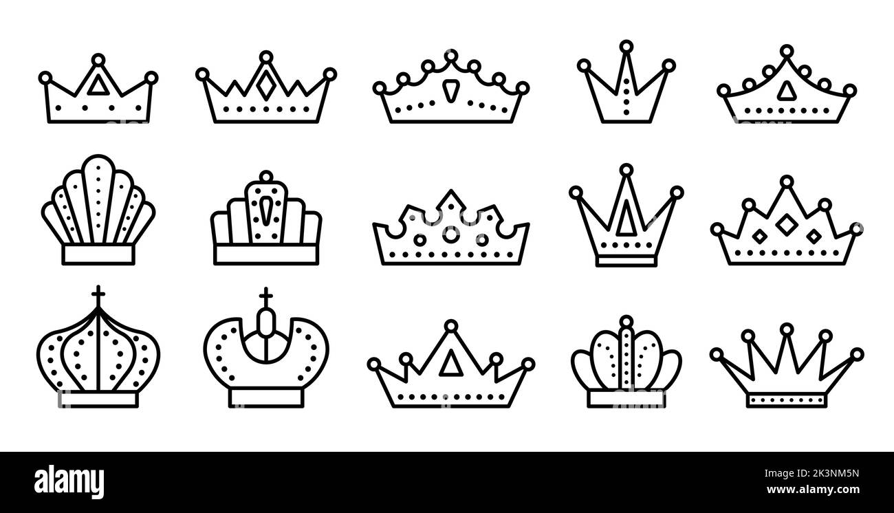Crowns black line icon set. Kingdom outline emblem. Crown heraldic element. Princess royal medieval sign. Monarch coloring book page imperial jewelry award. King prince queen tiara isolated on white Stock Vector