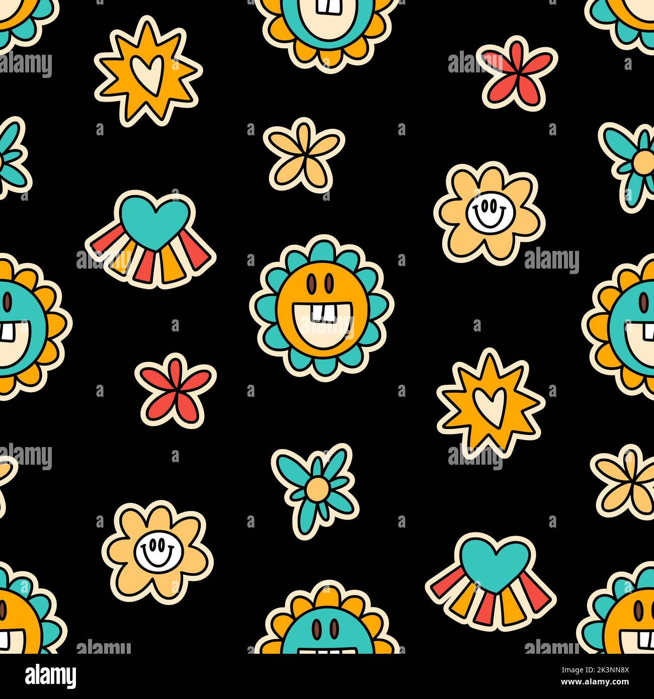 Cute cartoon groovy flower sticker vector seamless pattern. Hippie retro background illustration Stock Vector