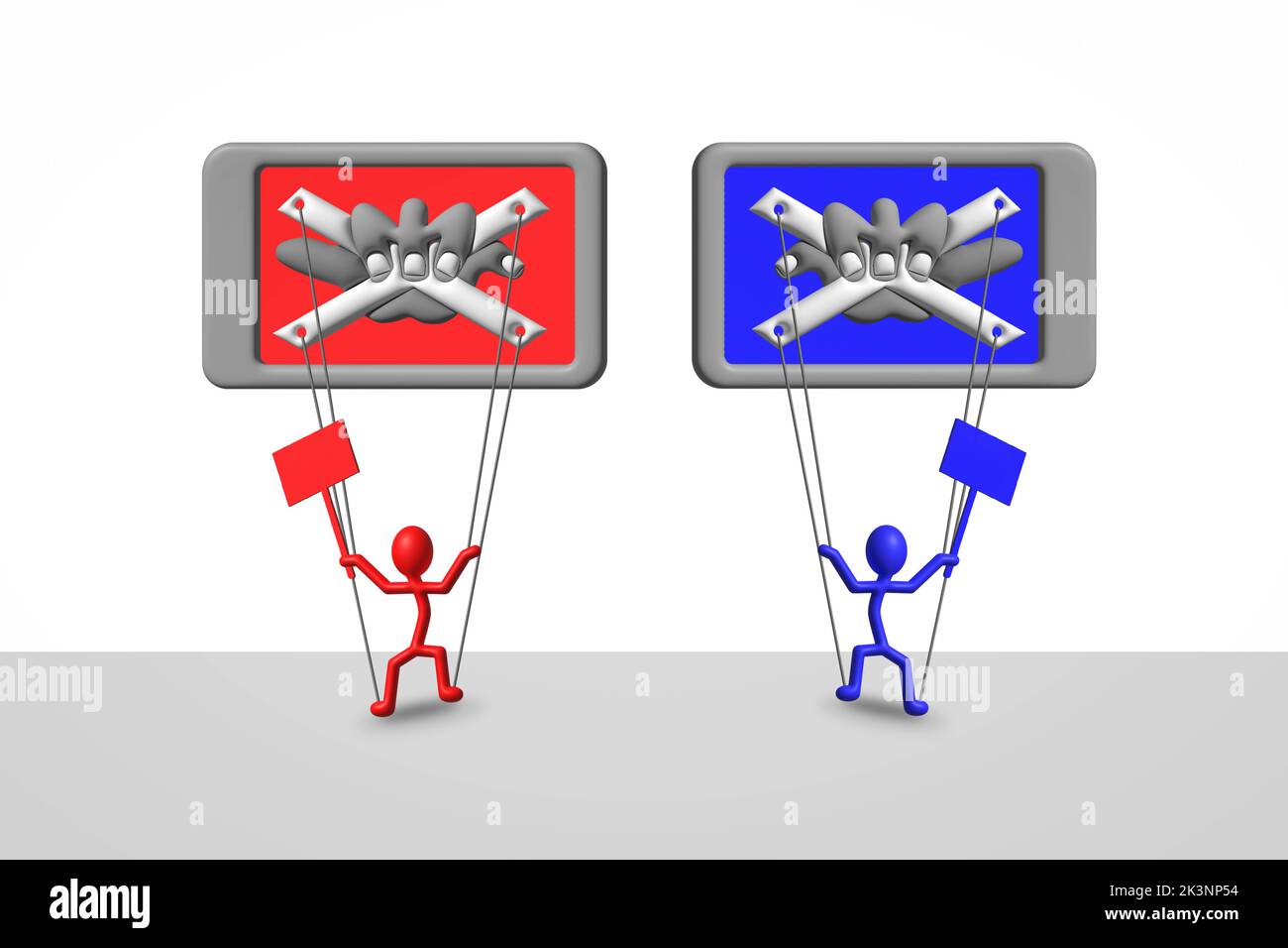 Social media influencing social and political polarisation, tribalism, division, conspiracy theories concept, ideology illustration, puppets on string Stock Photo