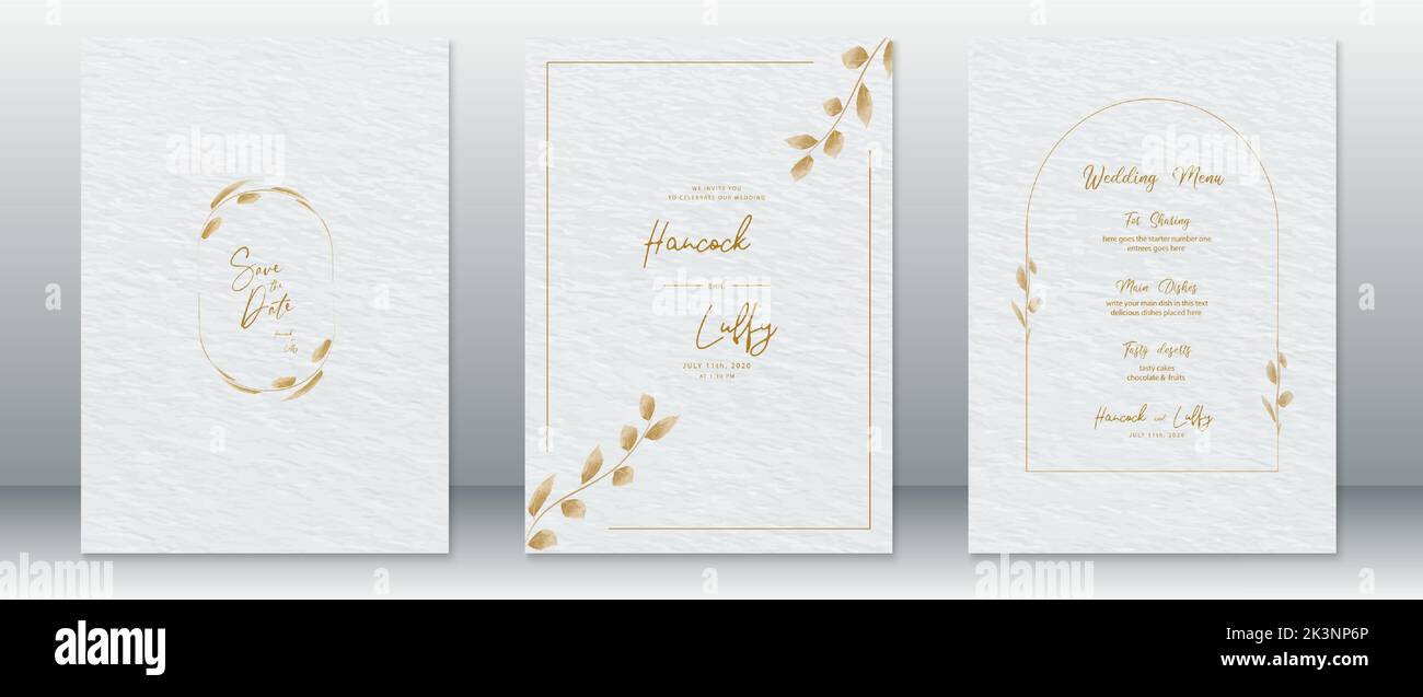 Wedding invitation card template luxury design with gold frame ,gold leaf wreath and watercolor texture background Stock Vector