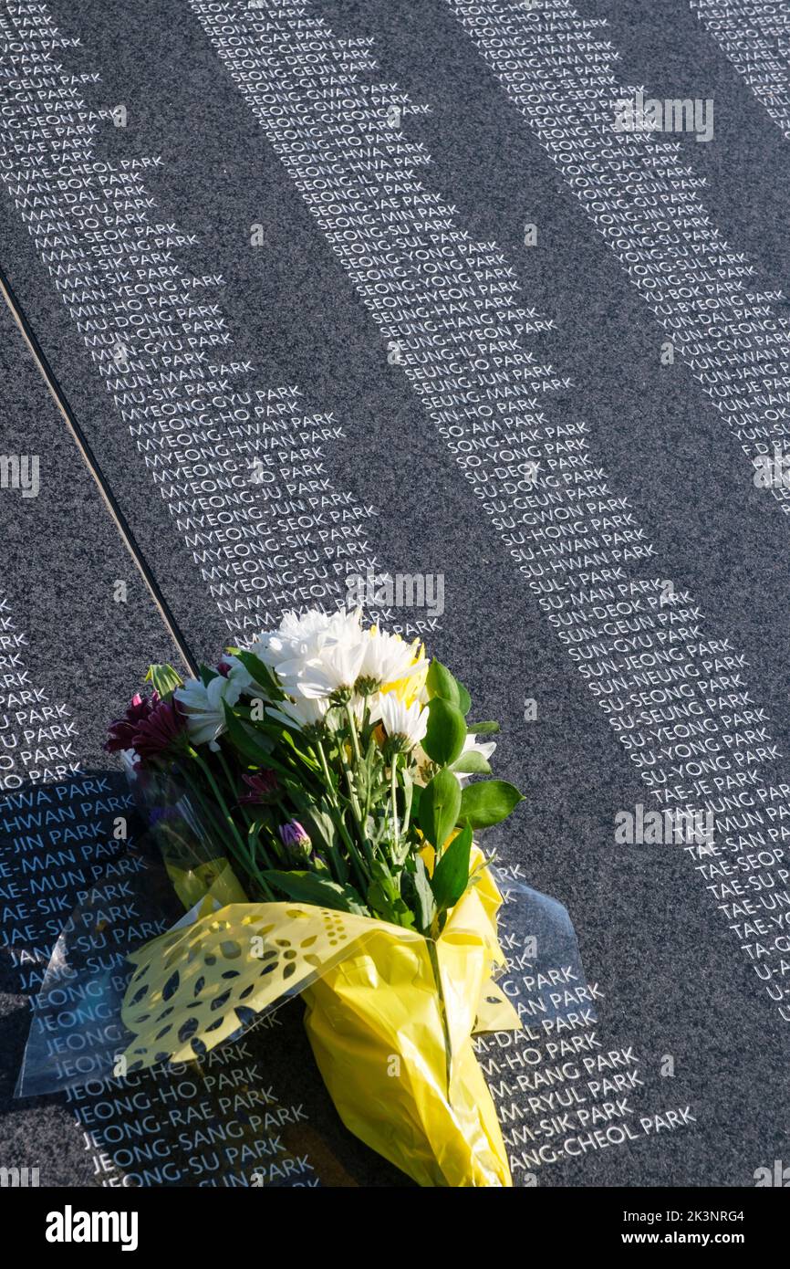 Korean War Veterans Memorial, Bouquet Left by Korean Family by Names of Korean Military Who Died