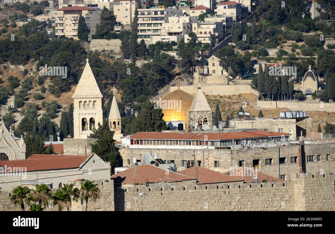 A view of the Dome of the Rock and the Lutheran church of the Redeemer in the old city of Jerusalem. Stock Photo