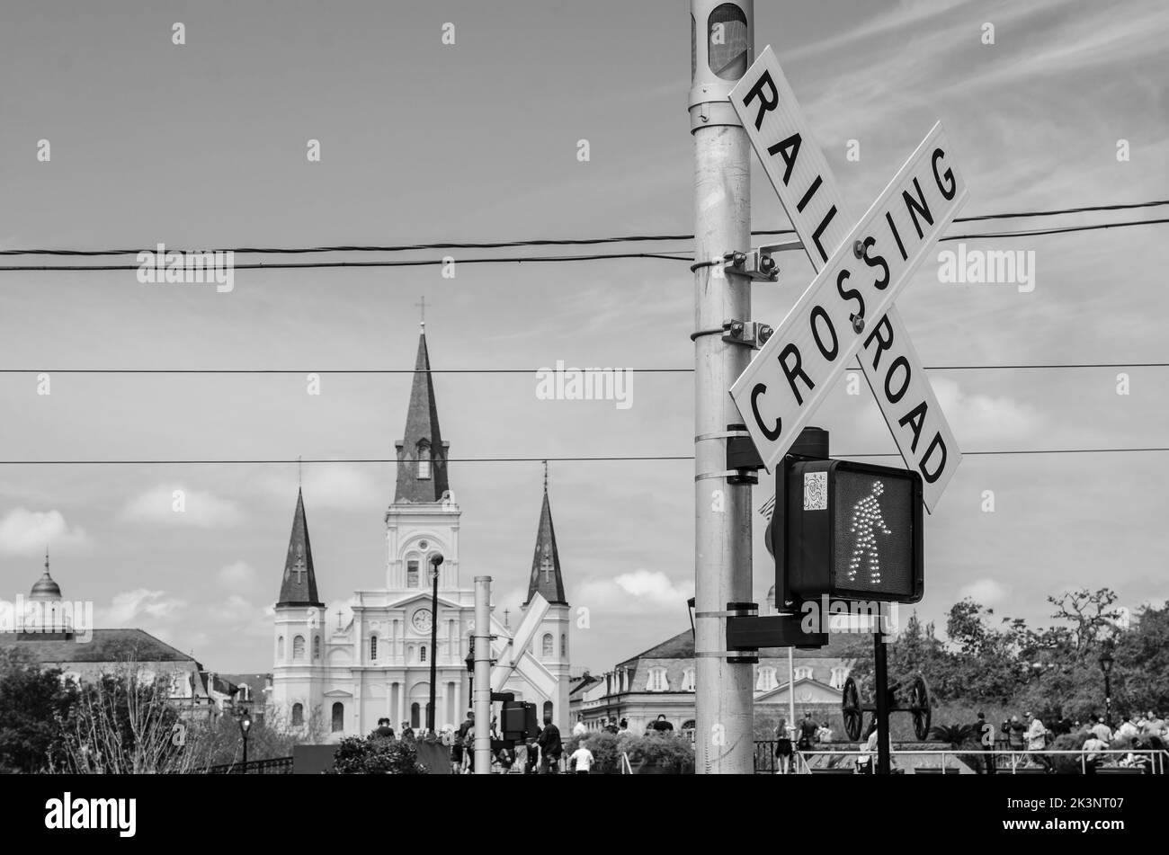 St Louis Cathedral in front of a railroad crossing in New Orleans, Louisiana, USA Stock Photo