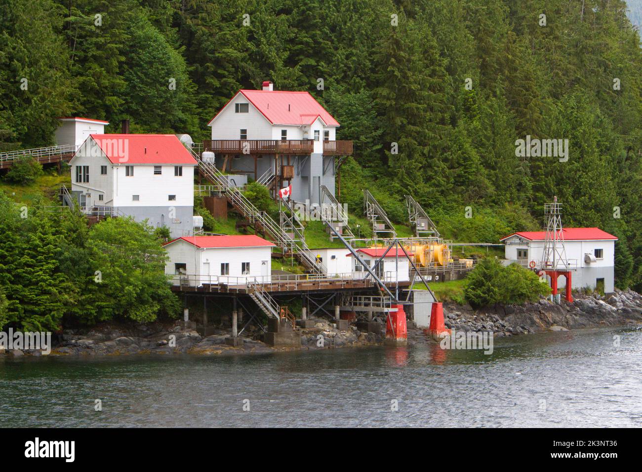 Boat Bluff Lighthouse near Klemtu, Sarah Island, in Tolmie Channel on the Inside Passage of British Columbia, Canada, established in 1907. Stock Photo