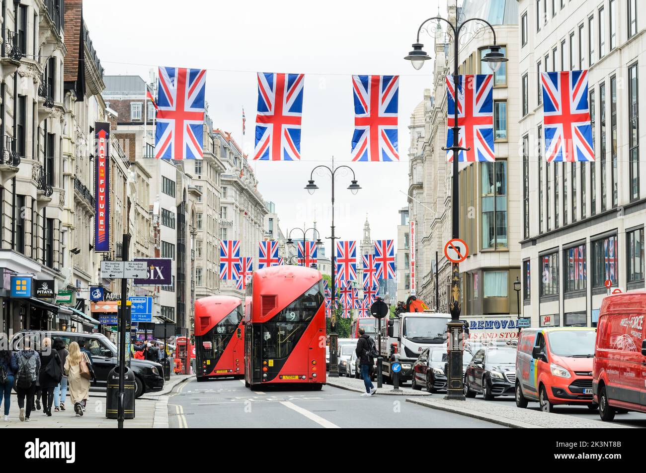 The Strand in London bedecked in Union Flags for Her Majesty the Queen's Platinum Jubilee Celebrations Stock Photo
