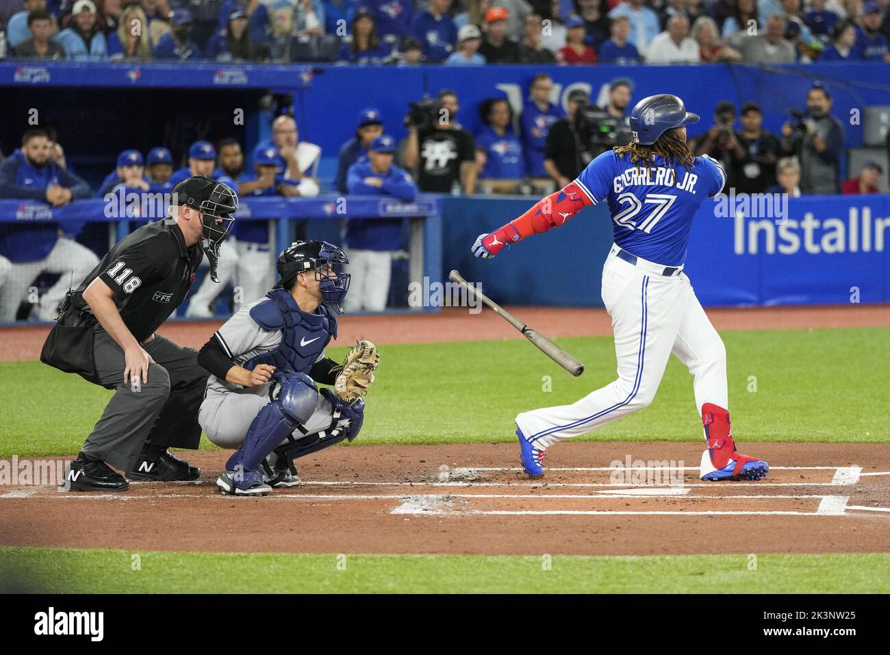 Toronto, Canada. 25th Sep, 2022. Toronto Blue Jays designated hitter Vladimir Guerrero Jr. strikes out in the first Tuesday, September 27, 2022. Aaron Judge is one home run away from tying the American League and Yankees club record with 61 home runs set by Roger Maris. Photo by Andrew Lahodynskyj/UPI Credit: UPI/Alamy Live News Stock Photo