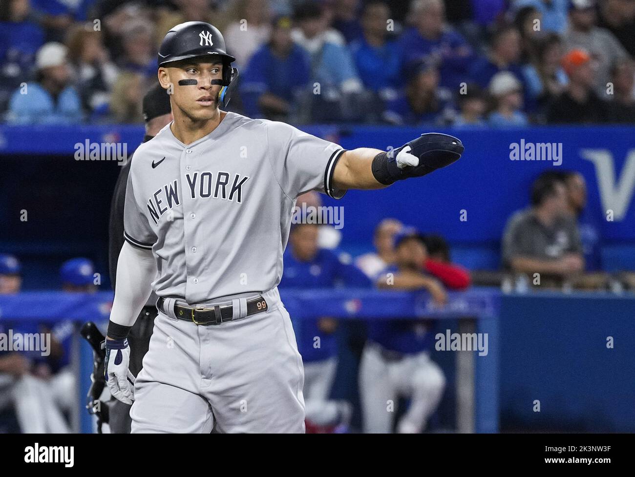 Toronto, Canada. 25th Sep, 2022. New York Yankees center fielder Aaron Judge celebrates scoring on a single from teammate second baseman Gleyber Torres in the third inning against the Toronto Blue Jays at Rogers Centre in Toronto, Canada on Tuesday, September 27, 2022. Aaron Judge is one home run away from tying the American League and Yankees club record with 61 home runs set by Roger Maris. Photo by Andrew Lahodynskyj/UPI Credit: UPI/Alamy Live News Stock Photo