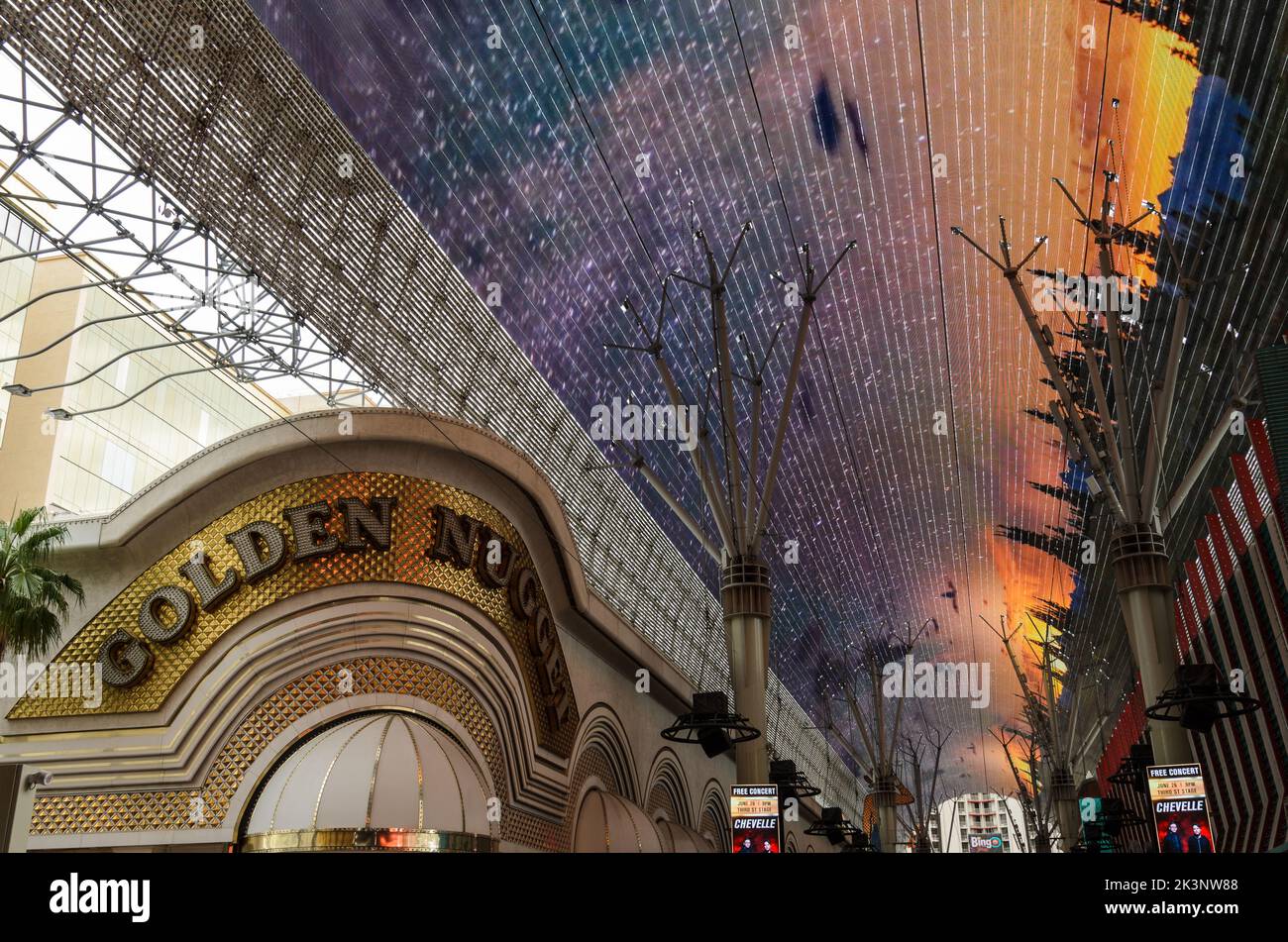 The Golden Nugget Casino and the roof-top screen of the Freemont Experience in Las Vegas, Nevada, USA Stock Photo