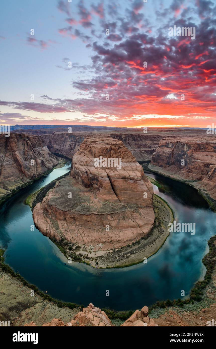 Sunset at Horseshoe Bend in the Colorado River near Page, Arizona in the United States Stock Photo