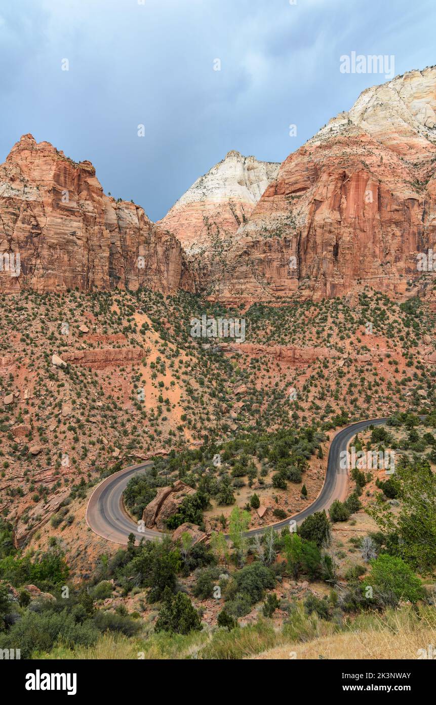 The winding roads of Zion Canyon National Park under stormy skies in Utah, USA Stock Photo