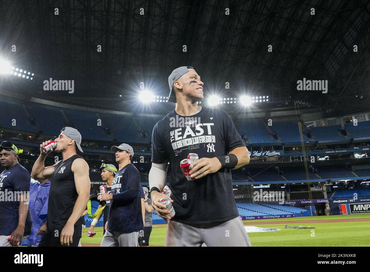 Toronto, Canada. 25th Sep, 2022. New York Yankees center fielder Aaron Judge celebrates on the field after defeating the Toronto Blue Jays to clinch the AL East at Rogers Centre in Toronto, Canada on Tuesday, September 27, 2022. Photo by Andrew Lahodynskyj/UPI Credit: UPI/Alamy Live News Stock Photo