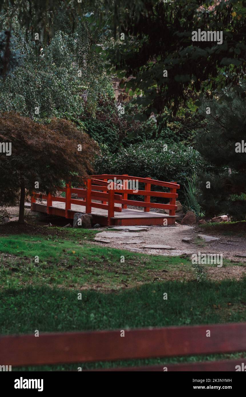 A vertical closeup shot of a small wooden bridge over a lake surrounded ...
