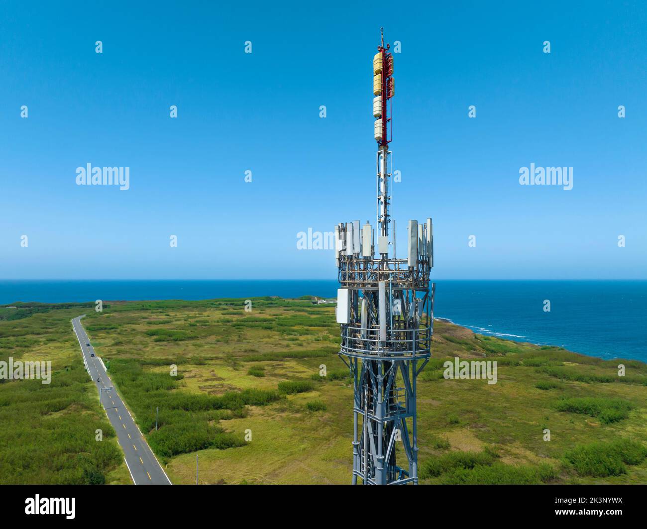 Antenna tower witn 5G technology in rural countryside Stock Photo