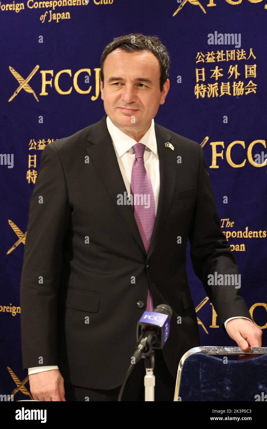 Tokyo, Japan. 28th Sep, 2022. Kosovo's Prime Minister Albin Kurti arrives at the Foreign Correspondents' Club of Japan to speak before press in Tokyo on Wednesday, September 28, 2022. Kurti is now in Tokyo to attend the state funeral of former Japanese Prime Minister Shinzo Abe. Credit: Yoshio Tsunoda/AFLO/Alamy Live News Stock Photo