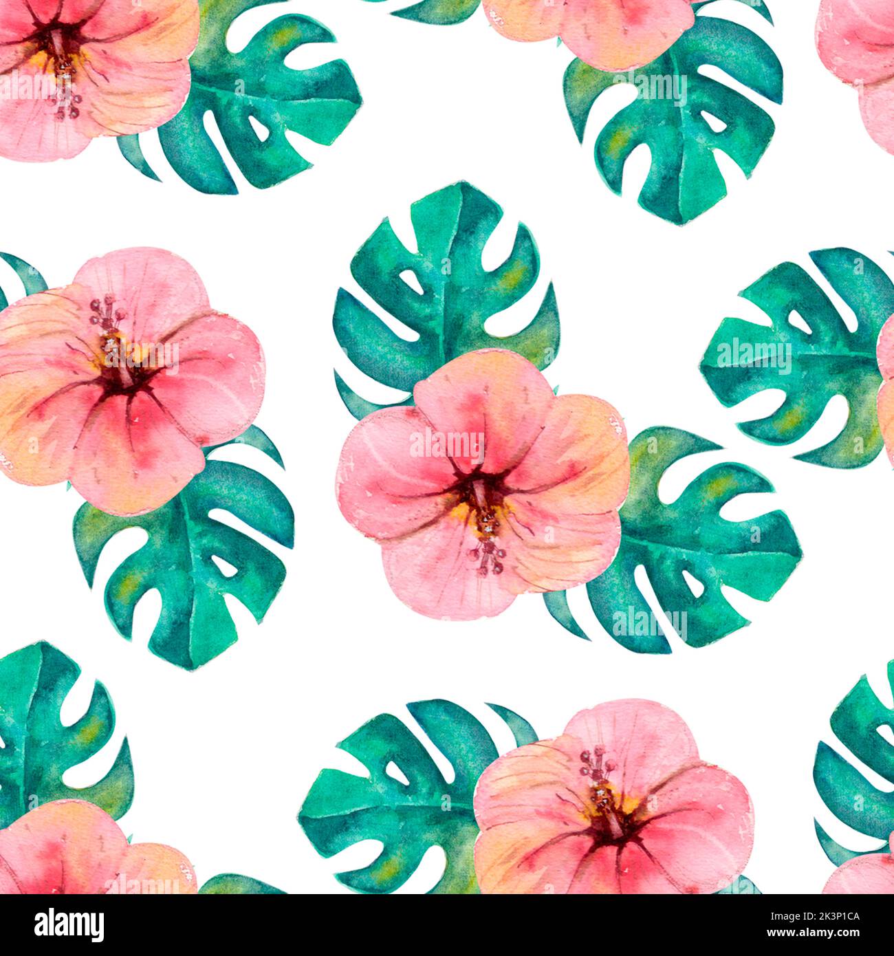 Seamless pattern with watercolor tropical leaves and flowers Stock ...