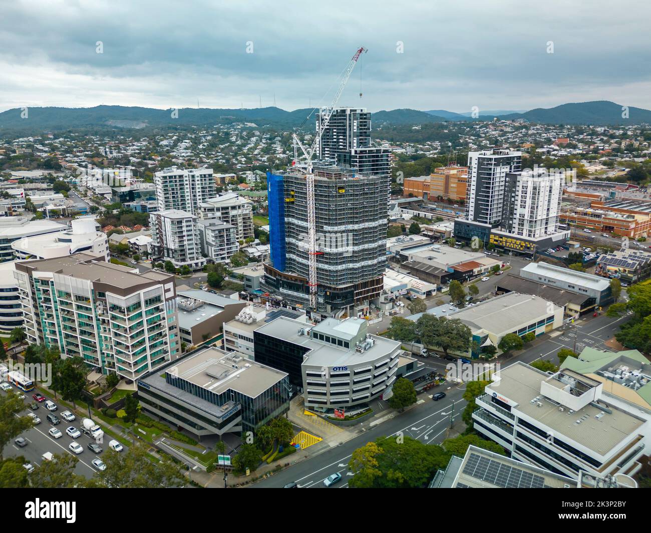 Brisbane, Australia - Aug 5, 2022: Aerial view of construction of new apartment building in Brisbane CBD Stock Photo