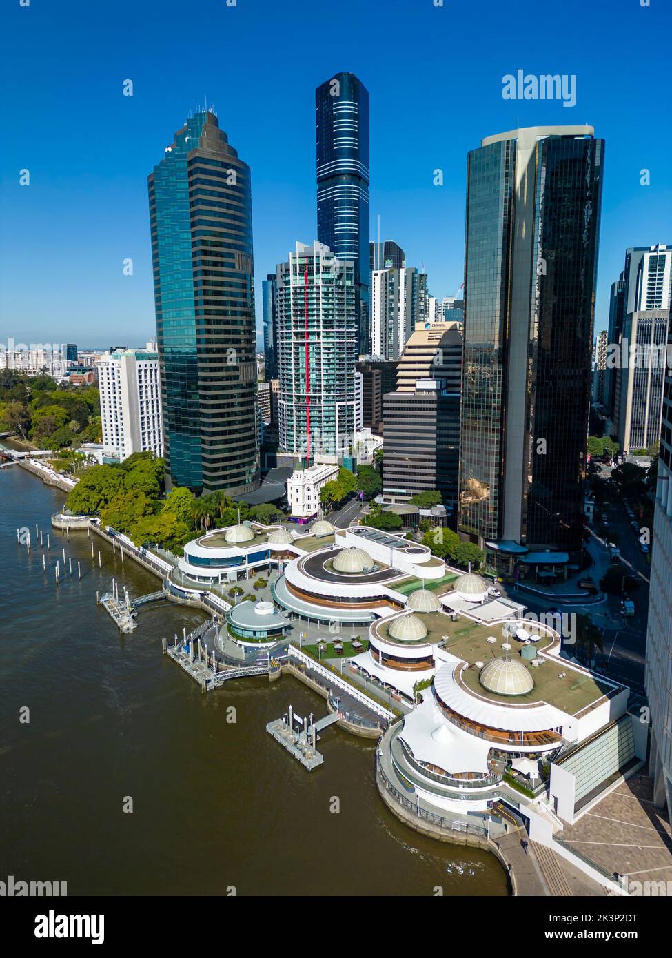 Brisbane, Australia - Aug 2, 2022: Aerial view of the iconic Eagle Street Pier which will be demolised for redevelopment into new riverside precinct Stock Photo