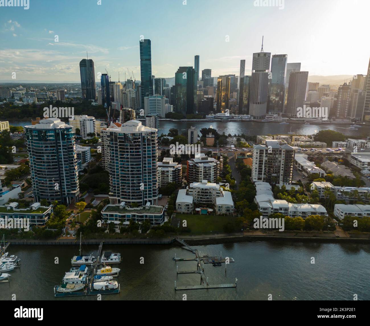 Aerial view of apartment building and Brisbane CBD in Australia Stock Photo