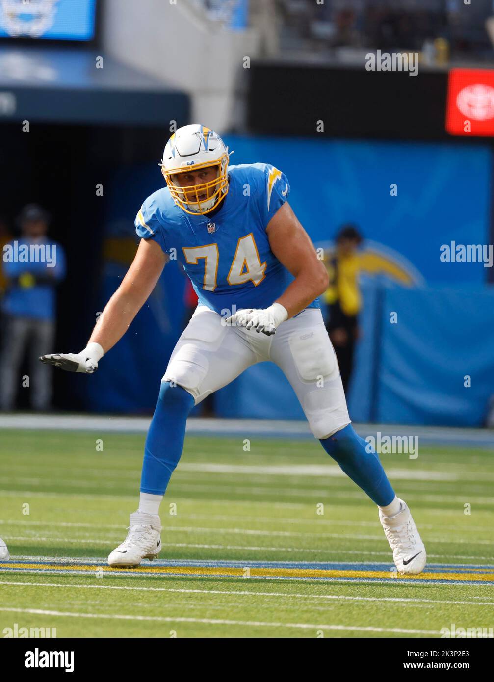 Inglewood, California, USA. 25th Sep, 2022. Los Angeles Chargers offensive tackle Storm Norton (74) in action during the NFL football game between the Los Angeles Chargers and the Jacksonville Jaguars at SoFi Stadium in Inglewood, California. Mandatory Photo Credit : Charles Baus/CSM/Alamy Live News Stock Photo