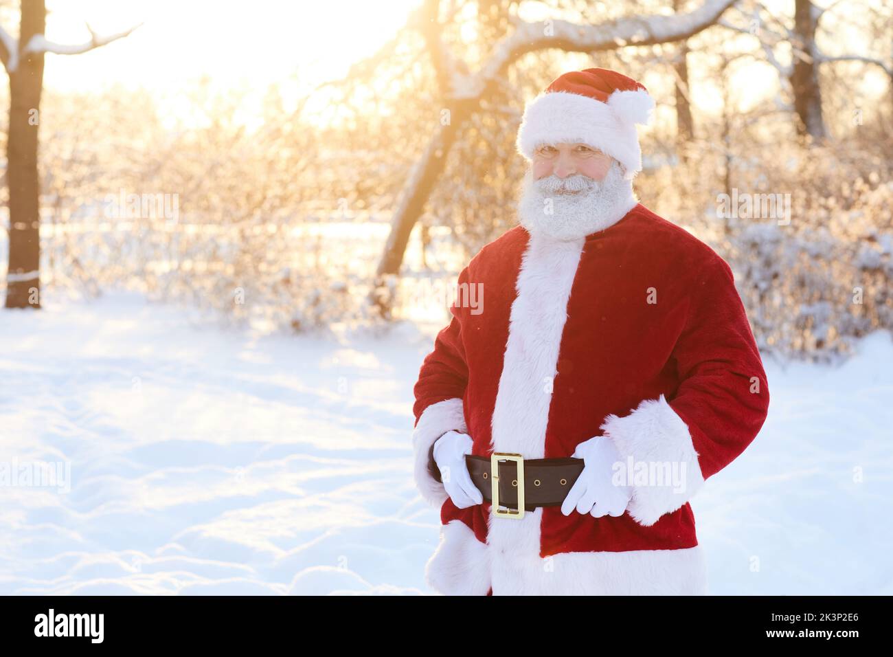 Waist up portrait of traditional Santa Claus smiling at camera outdoors in winter forest with copy space Stock Photo