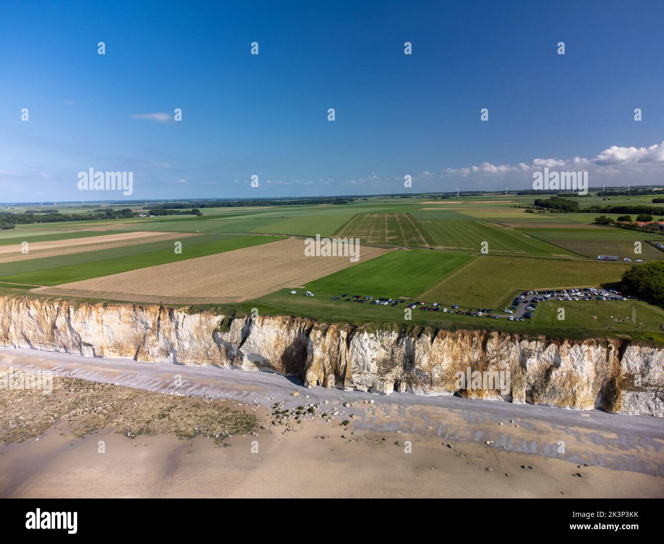 Aerial view on white halk cliffs, green fields of Pays de Caux and ...