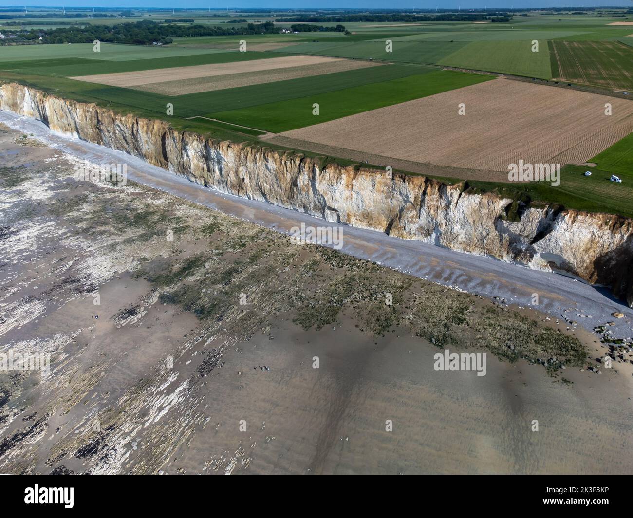 Aerial view on white halk cliffs, green fields of Pays de Caux and ...